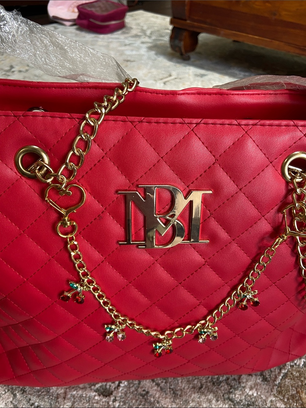 Badgley Mischka Quilted Red Tote with Gold Chain Charm Accents - Picture 10 of 10